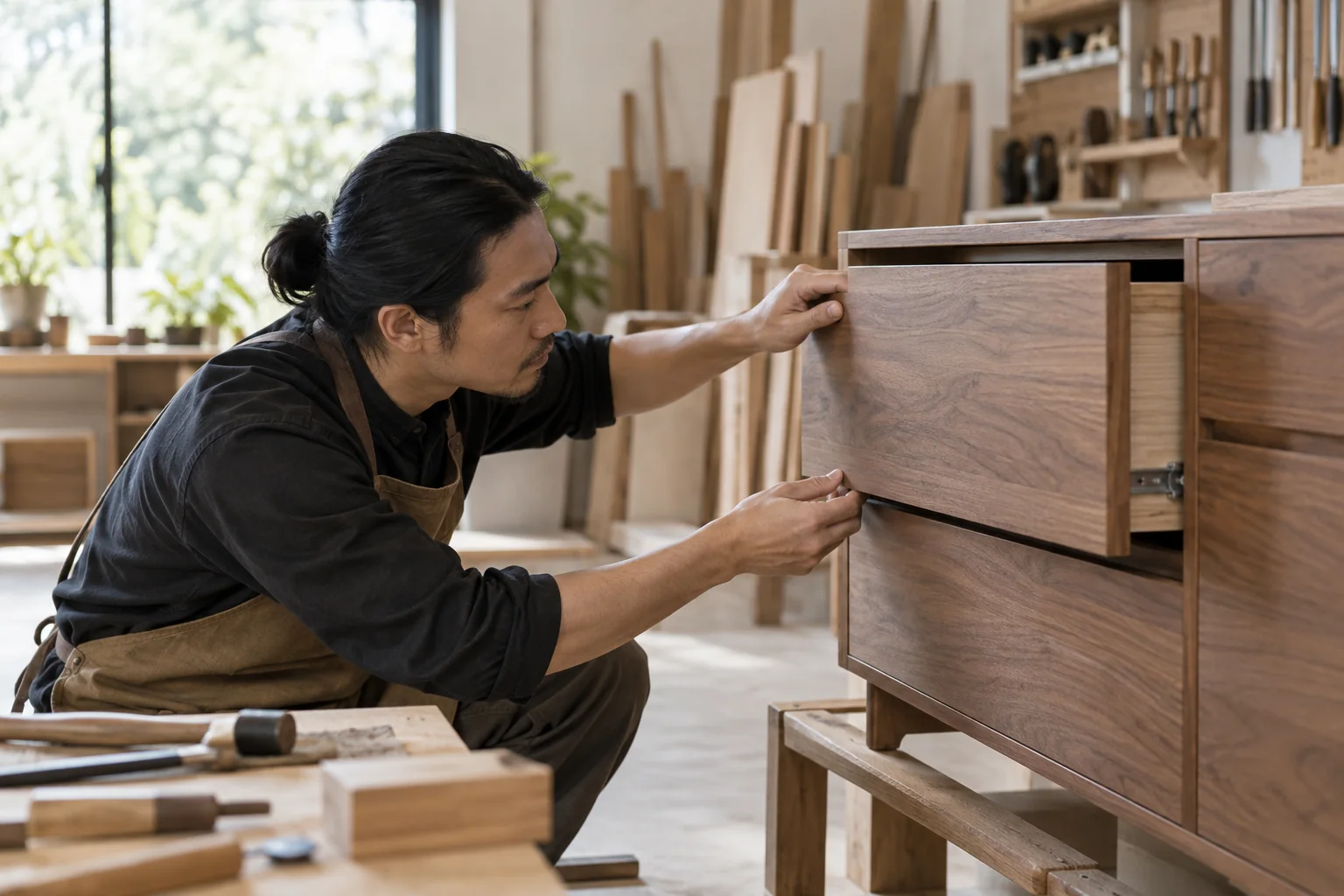 師傅細心檢查木作櫃體的抽屜與接合細節