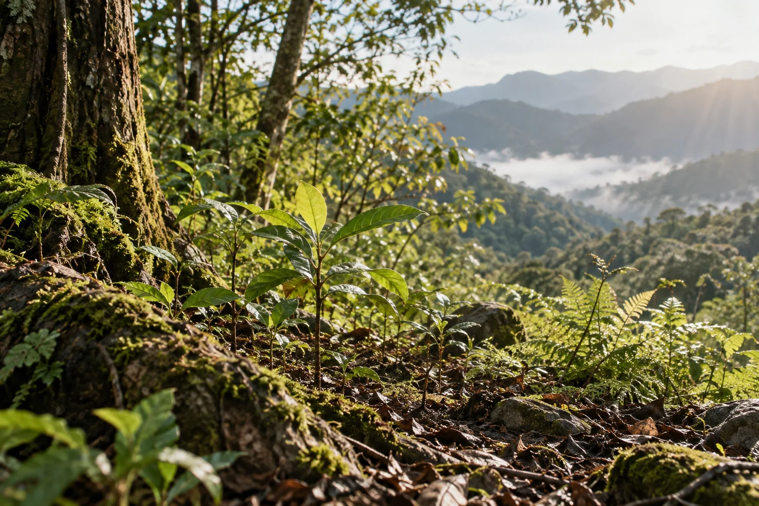 晨光中的台灣山林與原生幼苗